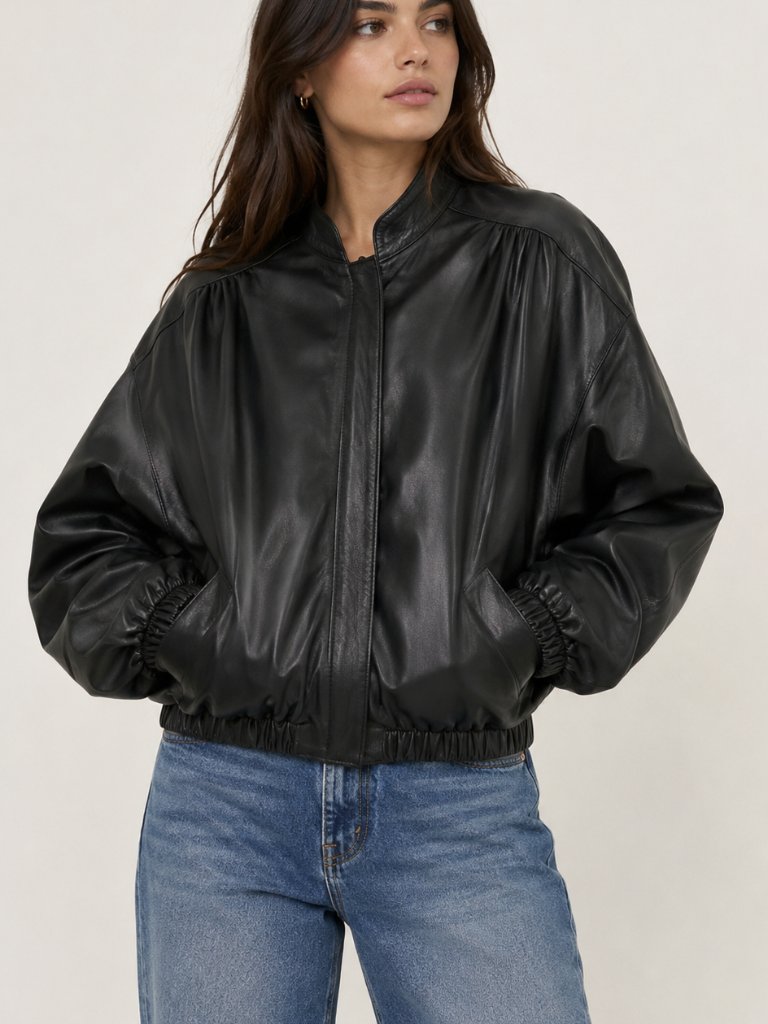 Vintage Black Genuine Leather Batwing Bomber Jacket Size 42 S/M Like New